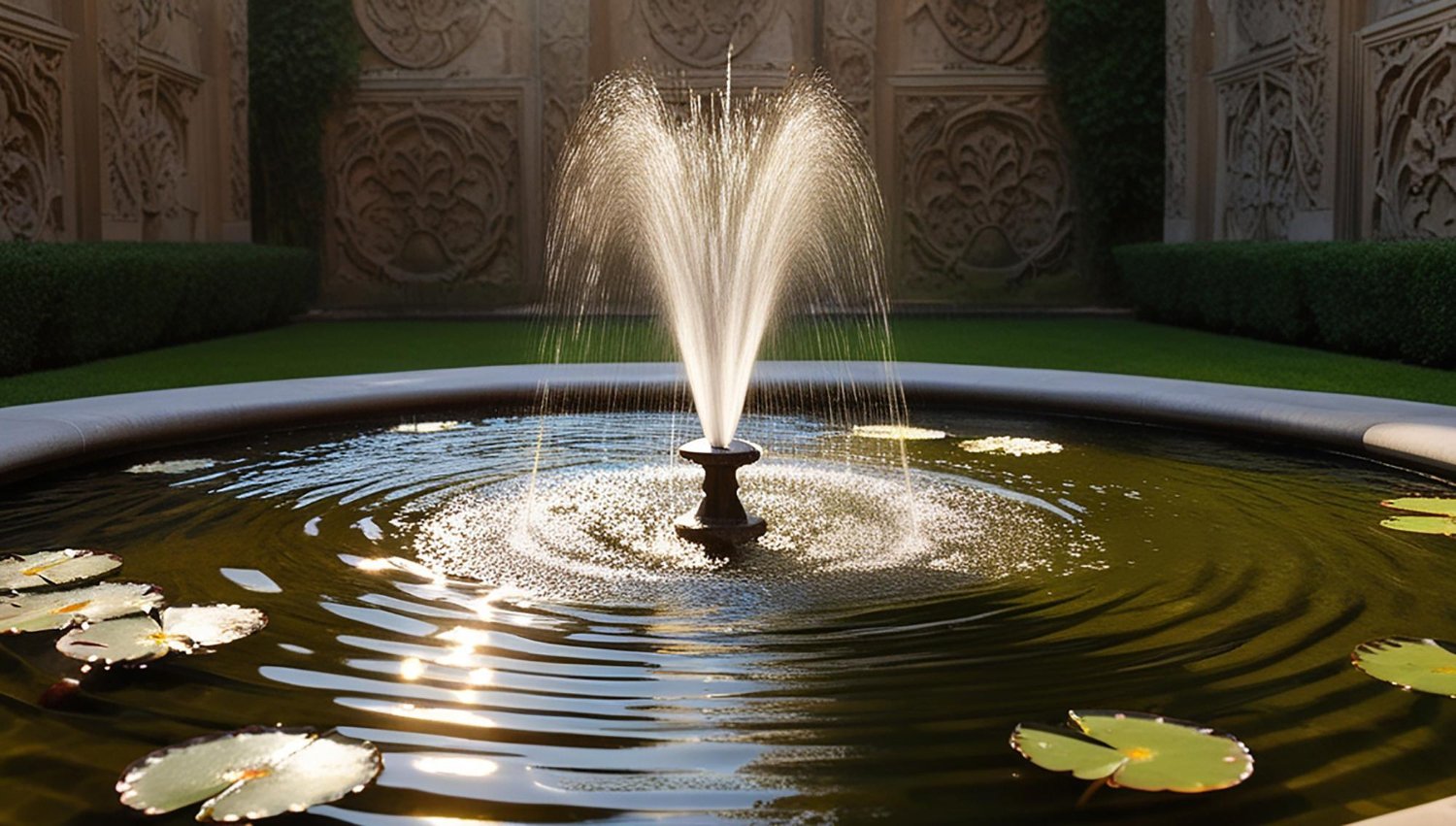 A fountain with water and a fountain in the background