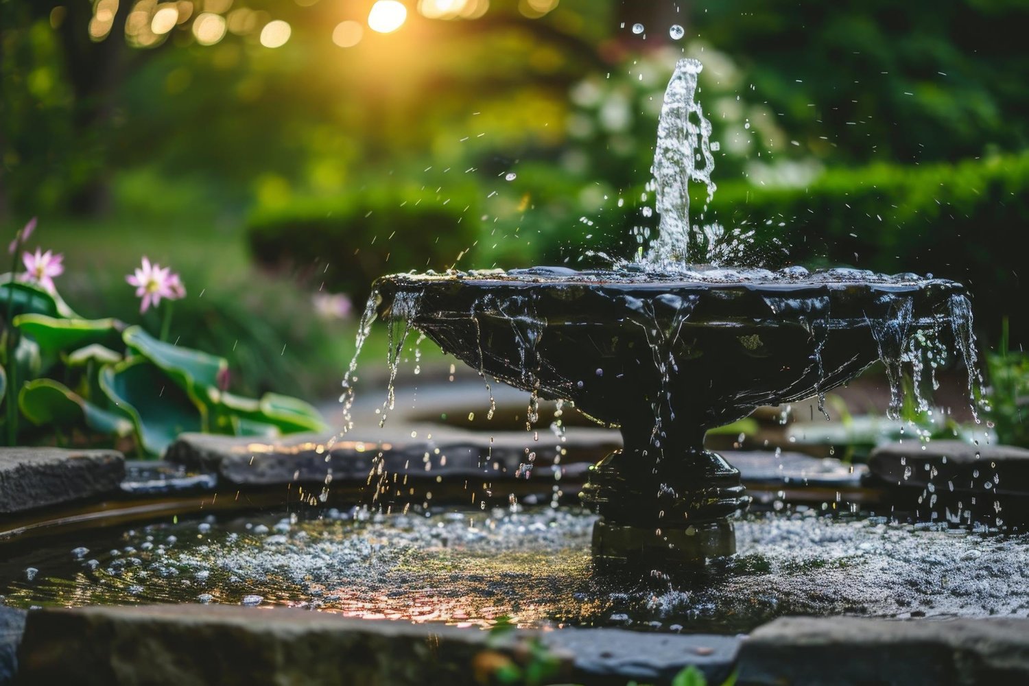 A water fountain stands in the center of a lush garden with water flowing