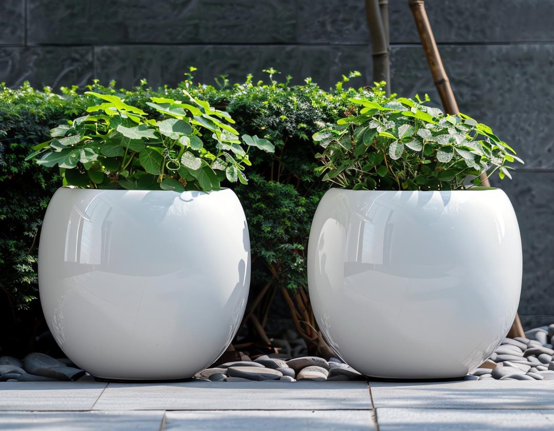 Two white round planters with green plants in a modern outdoor setting